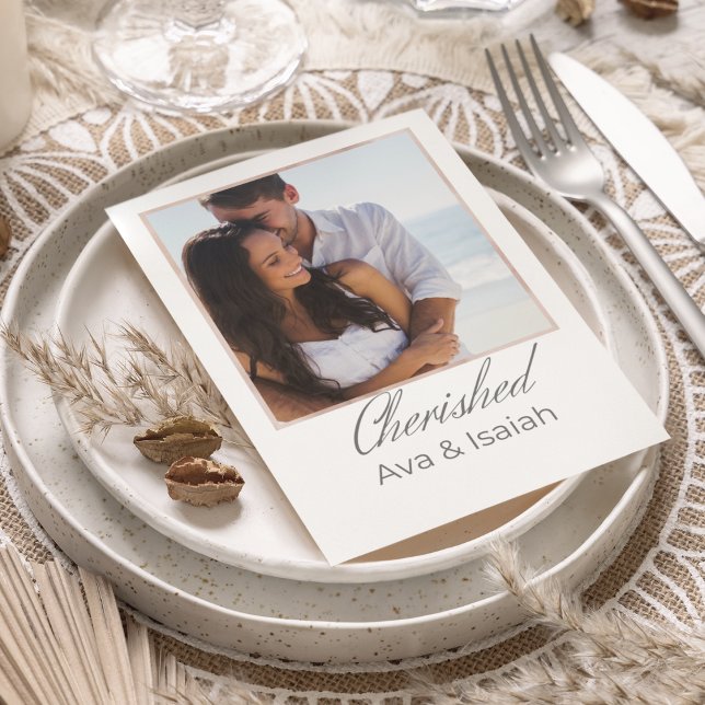 Inramad presentlinje (Romantic flat card design with  watercolored framed photo, "Cherished" in script, and room for names)