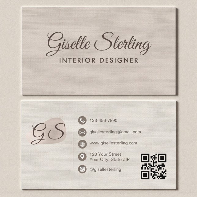 Inredningsdesigner Beige Linne Elegant QR-kod Visitkort (Skapare uppladdad)