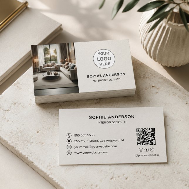 Inredningsdesigner Logo QR-kod Neutral Beige Visitkort (Interior Designer Logo QR Code Neutral Beige Business Card)