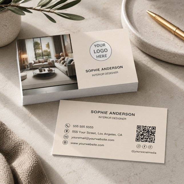 Inredningsdesigner Logo QR Sociala Medier Kräm Visitkort (Interior Designer Logo QR Social Media Cream Business Card)