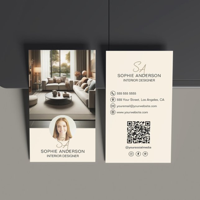 Inredningsdesigner Monogram Foto QR Kräm Visitkort (Interior Designer Monogram Photo QR Cream Business Card)