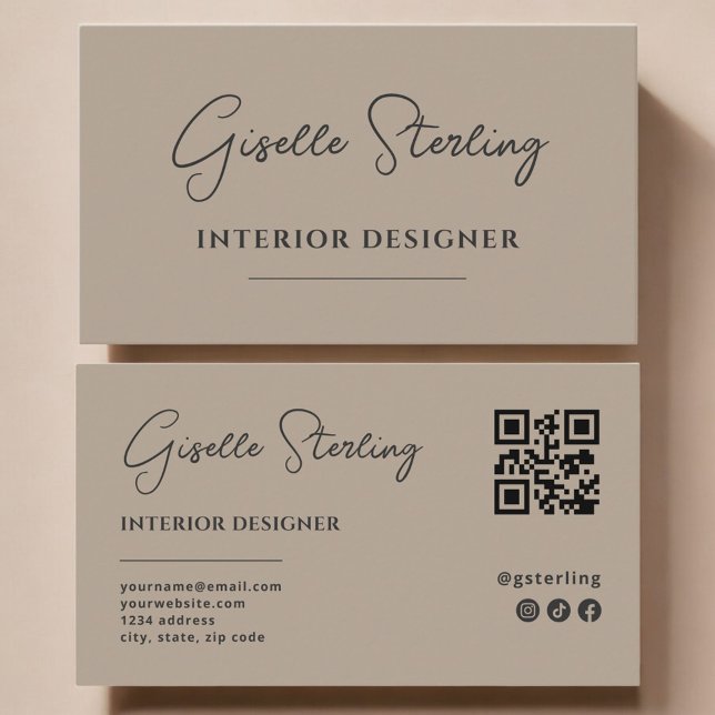 Inredningsdesigner Neutral Taupe Script QR-kod Visitkort (Skapare uppladdad)