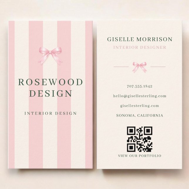 Inredningsdesigner Rosa Grön Randig Slinga QR-kod Visitkort (Skapare uppladdad)