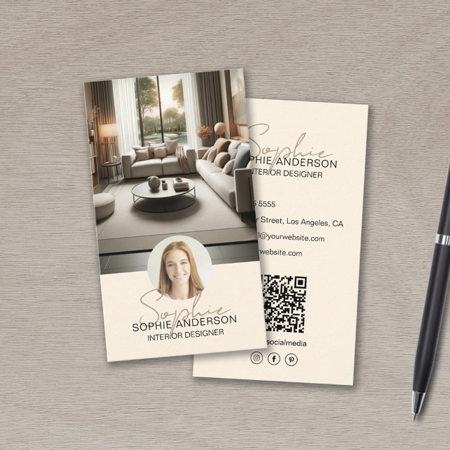 Inredningsdesigner Skriptnamn Foto QR Kräm Visitkort (Interior Designer Script Name Photo QR Cream Business Card)