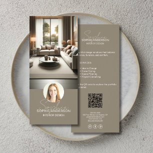 Inredningsdesigner Skriptnamn Foto QR Taupe Reklamkort