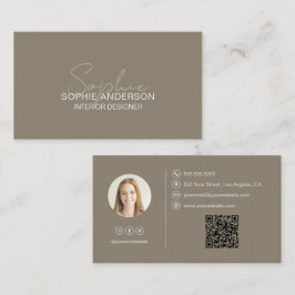 Inredningsdesigner Skriptnamn Foto QR Taupe Visitkort