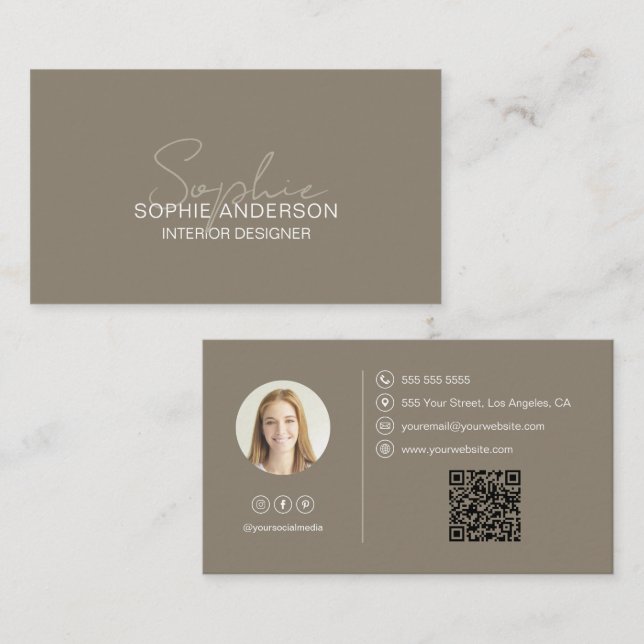 Inredningsdesigner Skriptnamn Foto QR Taupe Visitkort (Fram/baksida)