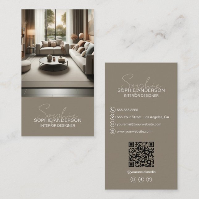 Inredningsdesigner Skriptnamn Foto QR Taupe Visitkort (Fram/baksida)