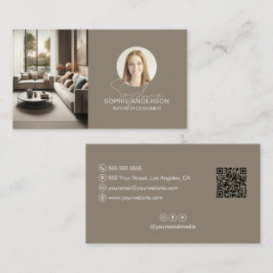 Inredningsdesigner Skriptnamn Foto QR Taupe Visitkort