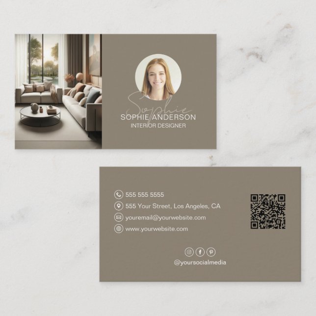 Inredningsdesigner Skriptnamn Foto QR Taupe Visitkort (Fram/baksida)