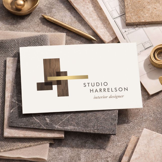 Inredningsdesigner Trä Guld Logotyp Elfenben Visitkort (Skapare uppladdad)