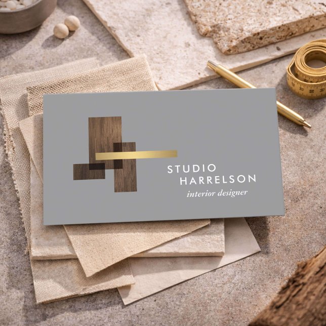 Inredningsdesigner Trä Guld Logotyp Grå Visitkort (Skapare uppladdad)