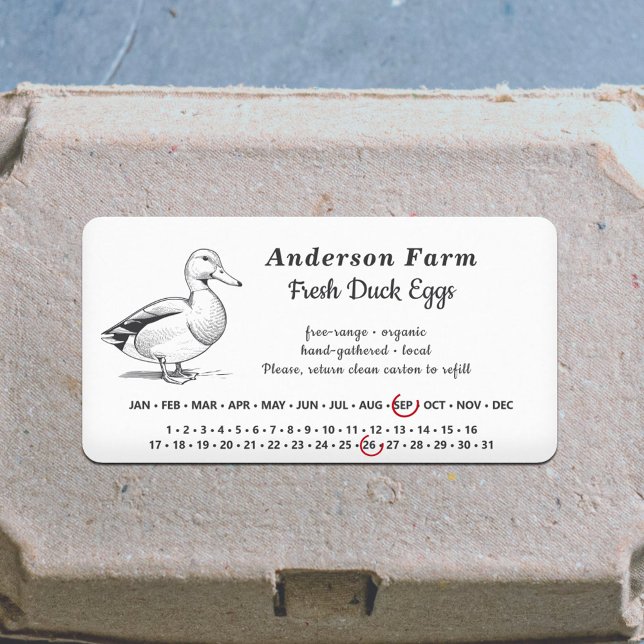 Inringningsdatum - vitmärke för ägg från Anka Adressetikett (Encircled Date - Farm Duck Eggs White Sticker)
