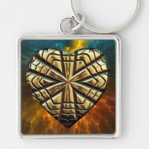 Inristad hjärta 1 Keychain Fyrkantig Silverfärgad Nyckelring