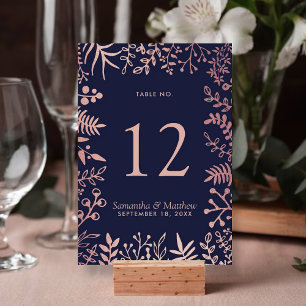 Insamling av elegant Navy & Ro Guld Blommigt Bröll Bordsnummer