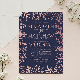 Insamling av elegant Navy & Ro Guld Blommigt Bröll Inbjudningar