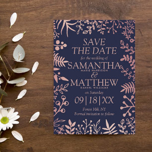 Insamling av elegant Navy & Ro Guld Blommigt Bröll Spara Datumet