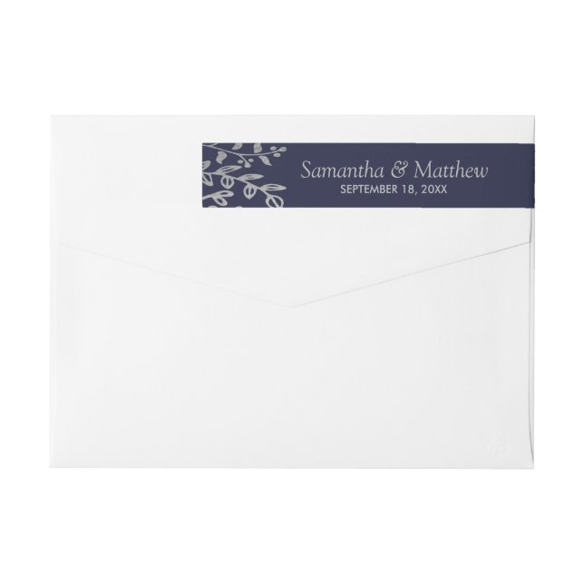 Insamling av elegant Navy & Silver Blommigt Bröllo Etikettband (Baksidan)