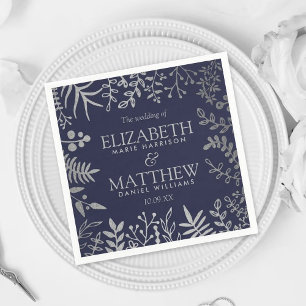 Insamling av elegant Navy & Silver Blommigt Bröllo Pappersservett