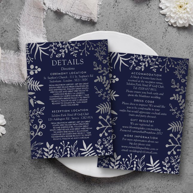Insamling av elegant Navy & Silver Blommigt Bröllo Tilläggskort (Skapare uppladdad)