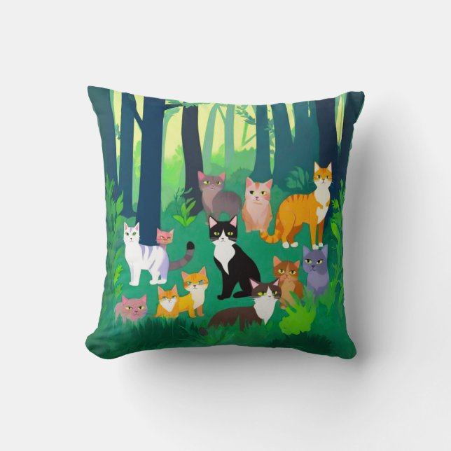 Insamling av katter i en Shady Forest Glade Kudde (Framsida)