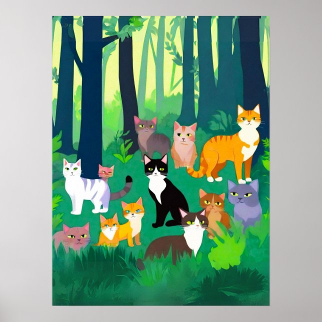 Insamling av katter i en Shady Forest Glade Poster (Framsidan)