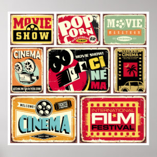 Insamling av skyltar för vintage biograffilm. Film