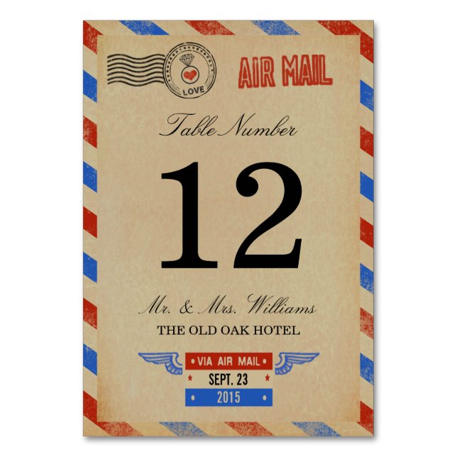 Insamlingen av Vintage Airmail Bröllop Bordsnummer (Framsidan)