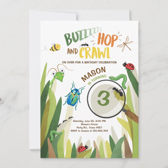 Insekten för krypfödelsedaginbjudan buggar inbjudningar (Framsida)