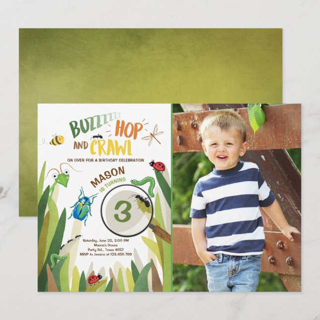 Insekten för krypfödelsedaginbjudan buggar inbjudningar (Fram/baksida)