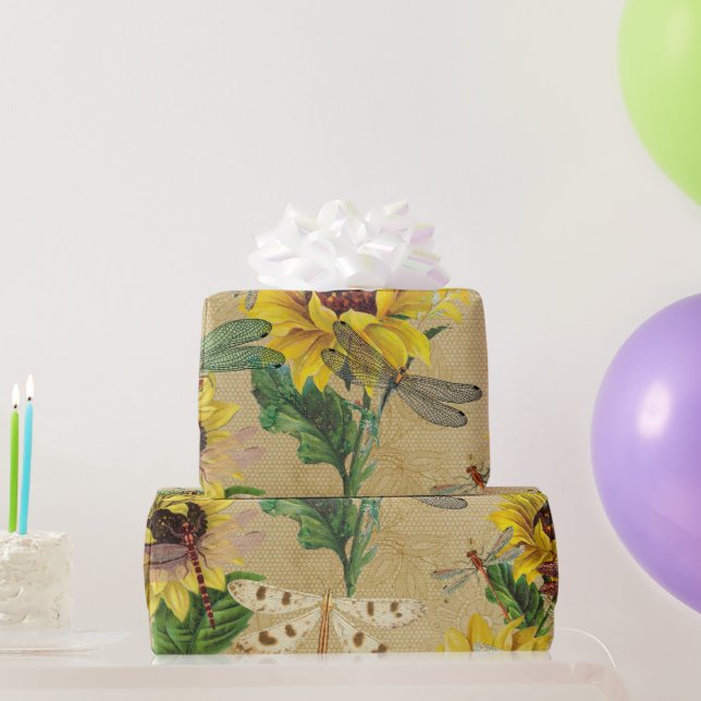  Insekten Retro Gult Solros Dragonflies Presentpapper (Festgåvor)