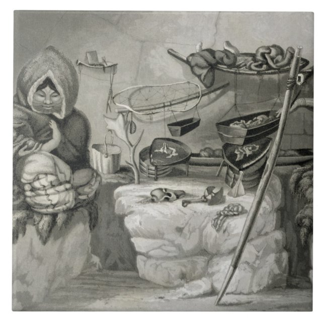 Insida av en eskimåsnökoja, vinterö 1822 kakelplatta (Framsidan)