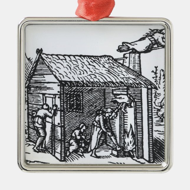 Insida av en häxa hus, 1579 julgransprydnad metall (Framsidan)
