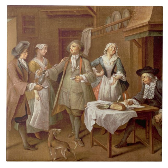 Insida av ett kök med figurer som smakar vin kakelplatta (Framsidan)