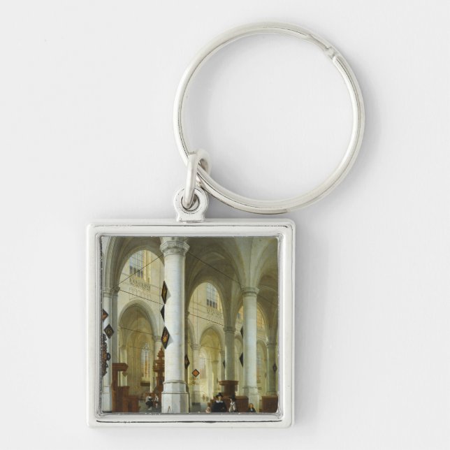 Insida av Ouden Kerk i Delft Fyrkantig Silverfärgad Nyckelring (Framsidan)