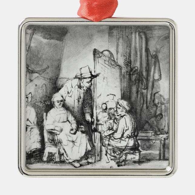 Insida av studion med målaremålning julgransprydnad metall (Framsidan)