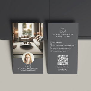 Insida Designer Monogram Photo QR Grått Visitkort