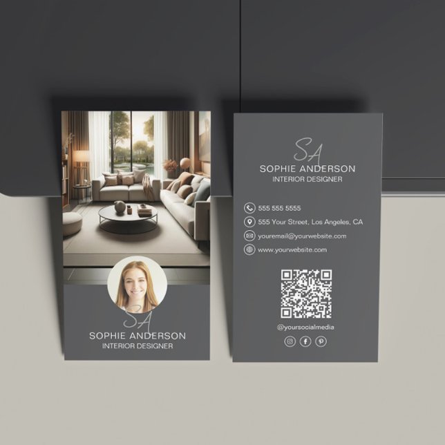 Insida Designer Monogram Photo QR Grått Visitkort (Interior Designer Monogram Photo QR Gray Business Card)