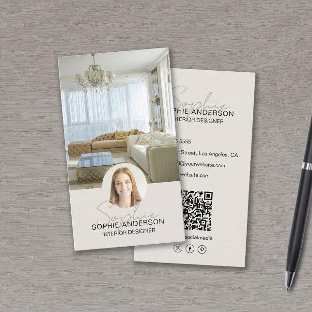Insida Designer Photo QR-skript Namn Tan Visitkort (Interior Designer Photo QR Script Name Tan Business Card)