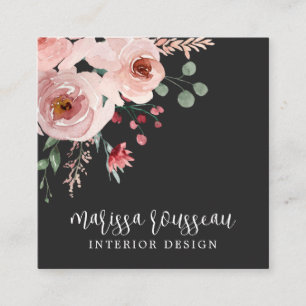 Insida Designer Rosa Blommigt Boho Black Fyrkantigt Visitkort