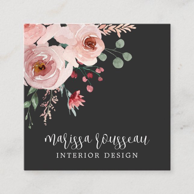 Insida Designer Rosa Blommigt Boho Black Fyrkantigt Visitkort (Framsida)