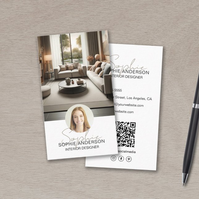 Insida Designer-skript Namn Photo QR White Visitkort (Interior Designer Script Name Photo QR White Business Card)