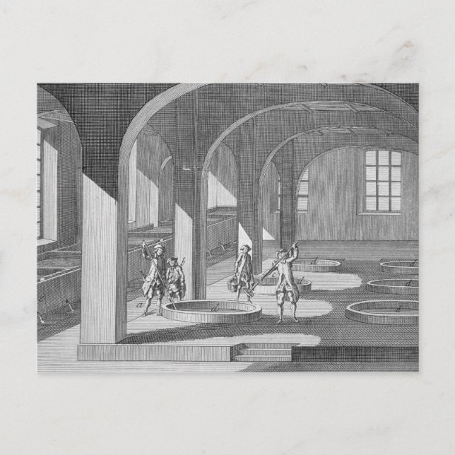 Insida i en soap-fabrik, illustration för en en vykort (Framsida)