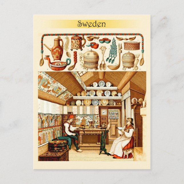 Insida i svenska huset (möbler och köksartiklar) vykort (Framsida)