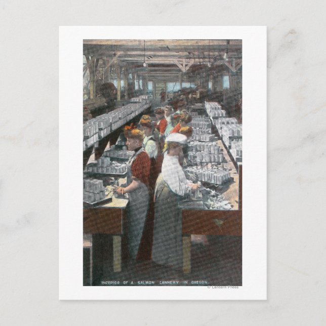 Insida vy över laxkonservarbetare vykort (Framsida)