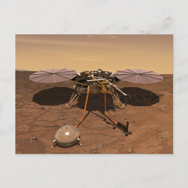 Insight Lander som arbetar på ytan av Mars. Vykort (Framsida)