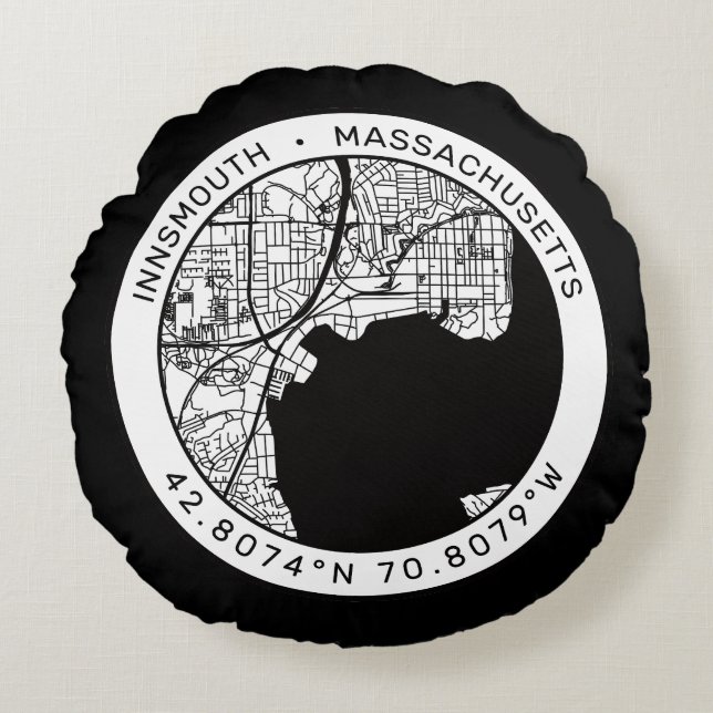 Insmouth City Karta Lovecraft Rund Kudde (Framsidan)
