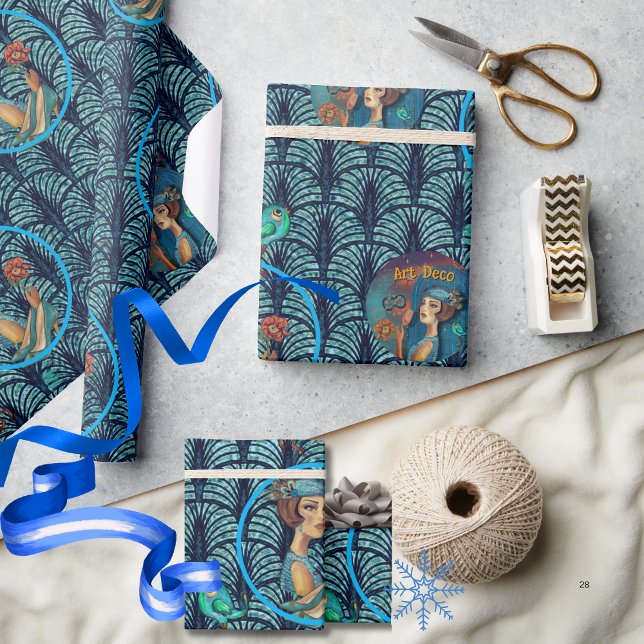 Inspelning 20:s Art Deco Dam i Blue Presentpapper (Roaring 20's Art Deco Lady in Blue Wrapping Paper)