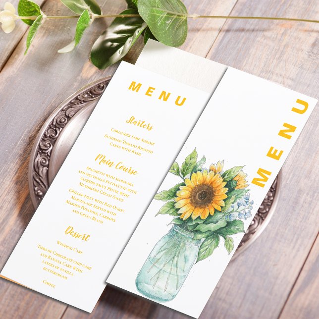 Inspelningsmenyn för sommarblommor Mason Burk Meny (Sunflower Mason Jar Wedding Reception Dinner Menu)