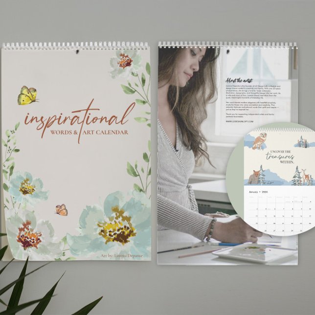 Inspiatoriska citat av Ord- och konsthyp Kalender (Calendar front and back about artist bio with inset of calendar interior page.)